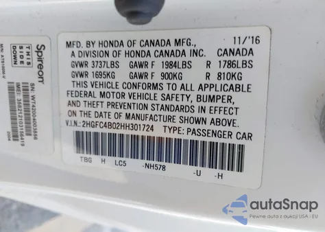 2017 Honda Civic Lx-P из США, поврежденный, VIN 2HGFC4B02HH301724